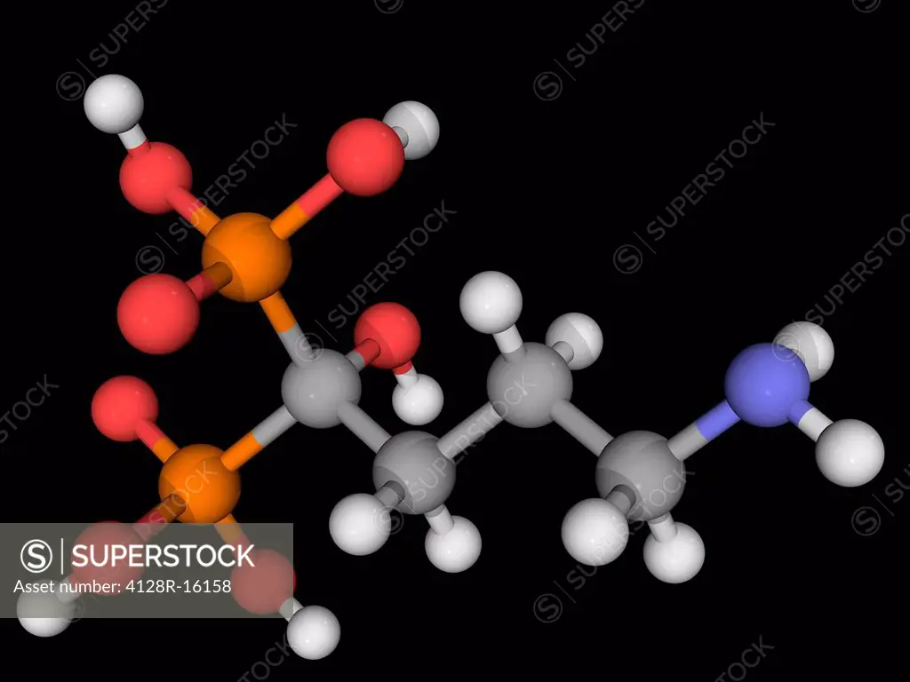Alendronic acid, molecular model. Biphosphonate drug used for treatment of osteoporosis. Atoms are represented as spheres and are colour_coded: carbon...