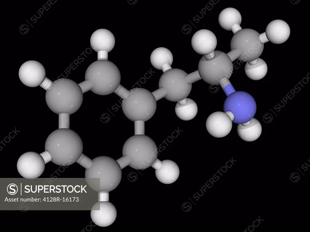 Amphetamine, molecular model. Psychostimulant drug producing increased wakefulness and focus as well as decreased fatigue and appetite. Atoms are repr...