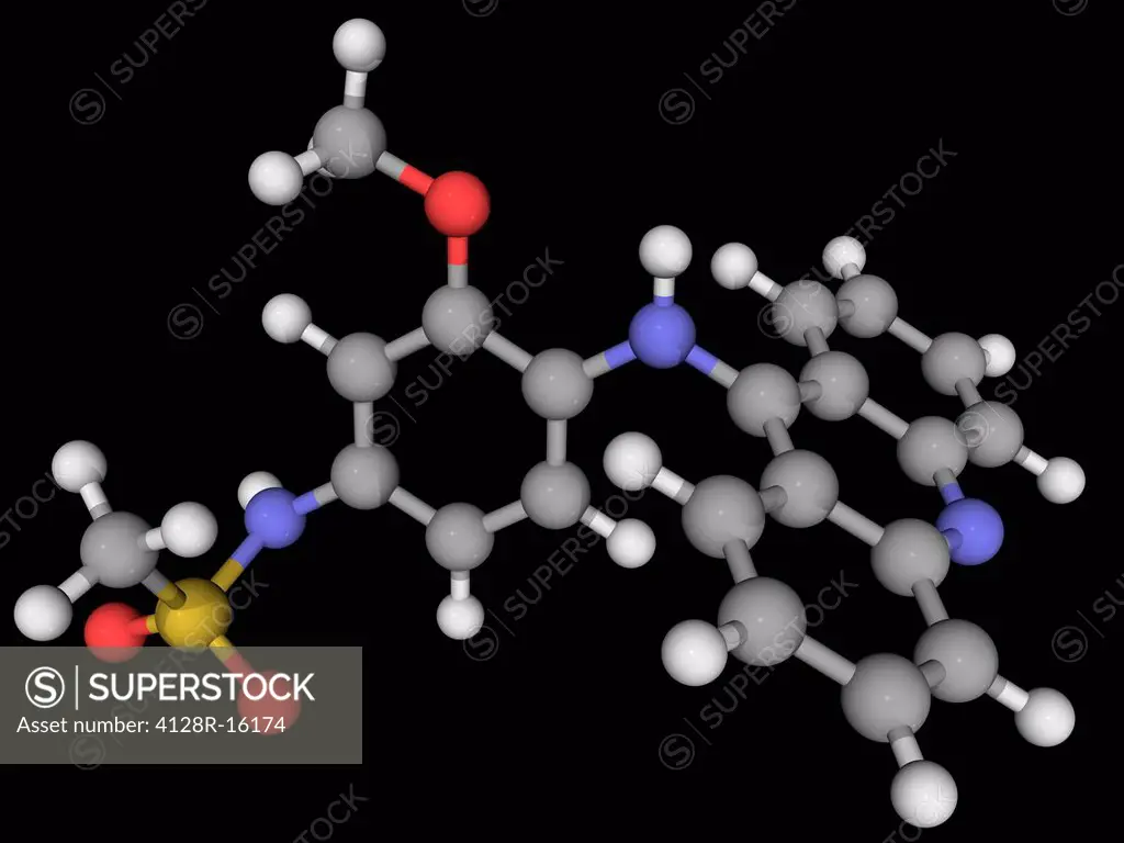 Amsacrine, molecular model. Antineoplastic agent used in the treatment of acute lymphoblastic leukaemia. Atoms are represented as spheres and are colo...