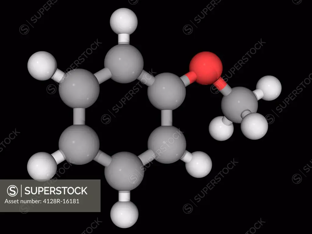 Anisole, molecular model. Colourless liquid with an anise seed smell. Its derivatives are found in natural and artificial fragrances. Atoms are repres...