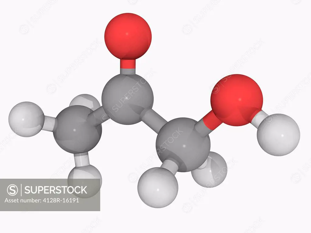 Acetol hydroxyacetone, molecular model. Colourless to yellow liquid. Atoms are represented as spheres and are colour_coded: carbon grey, hydrogen whit...