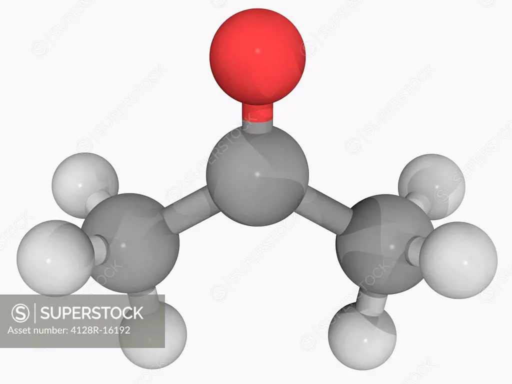 Acetone, molecular model. Colourless, mobile, flammable liquid. Simplest example of the ketones. Atoms are represented as spheres and are colour_coded...