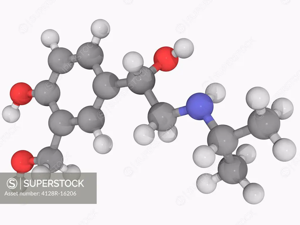 Albuterol, molecular model. Beta2_adrenergic receptor agonist for the treatment of asthma and chronic obstructive pulmonary disease. Atoms are represe...