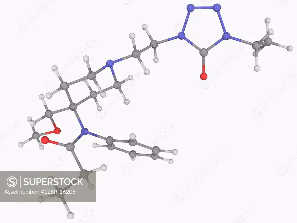 Alfentanil, molecular model. Synthetic opioid analgesic drug used for anaesthesia in surgery. Atoms are represented as spheres and are colour_coded: c...