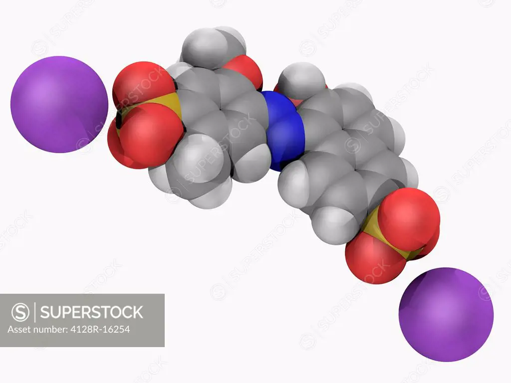 Allura Red AC, molecular model. Red azo dye used as food dye E129. Atoms are represented as spheres and are colour_coded: carbon grey, hydrogen white,...