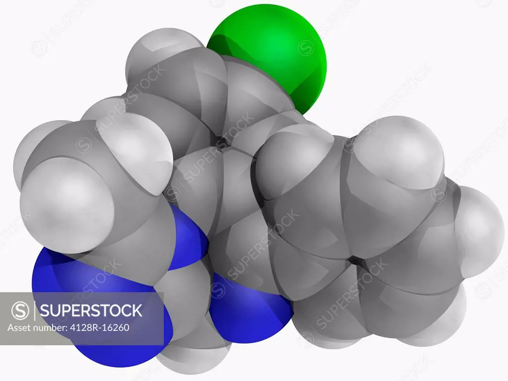 Alprazolam, molecular model. Short_acting anxiolytic benzodiazepine. Atoms are represented as spheres and are colour_coded: carbon grey, hydrogen