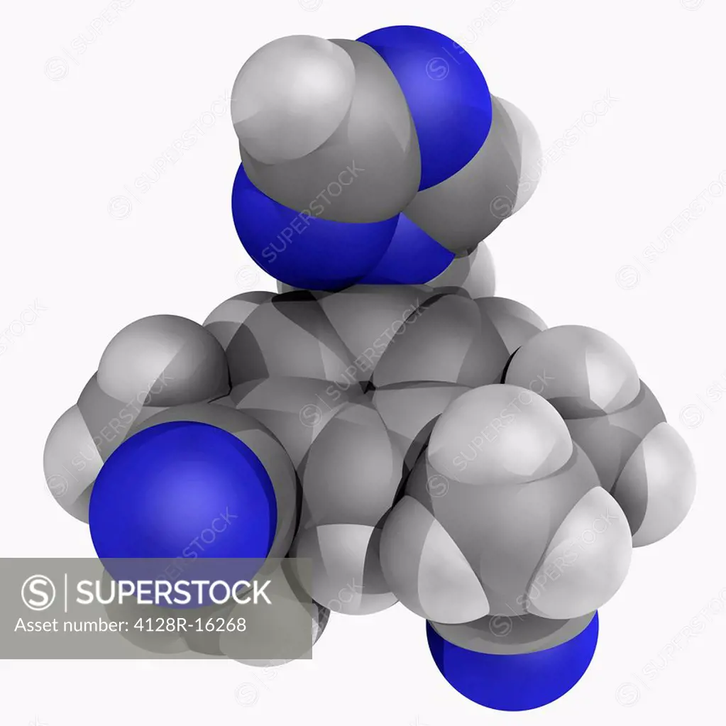 Anastrozole, molecular model. Aromatase_inhibiting drug for treatment of breast cancer after surgery. Atoms are represented as spheres and are colour_...