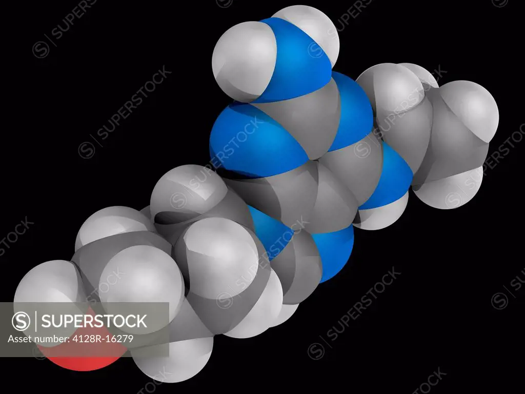 Abacavir, molecular model. Reverse transcriptase inhibitor used for HIV and AIDS treatment. Atoms are represented as spheres and are colour_coded: car...