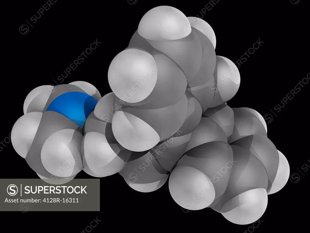 Amitriptyline, molecular model. Used as an antidepressant. Atoms are represented as spheres and are colour_coded: carbon grey, hydrogen white and nitr...