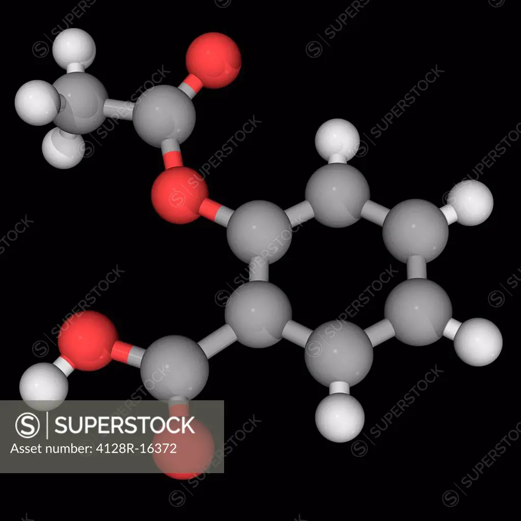 Aspirin acetylsalicylic acid, molecular model. Used as an analgesic, antipyretic and anti_inflammatory. Atoms are represented as spheres and are colou...