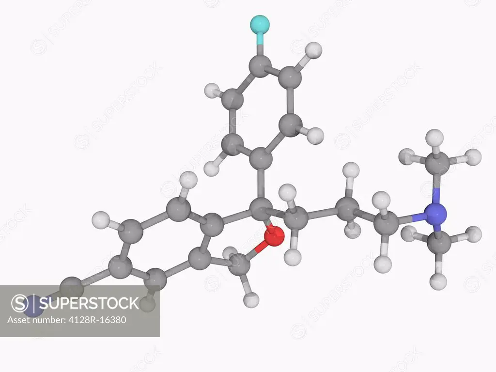 Citalopram, molecular model. Antidepressant drug of the selective serotonin reuptake inhibitor class. Atoms are represented as spheres and are colour_...