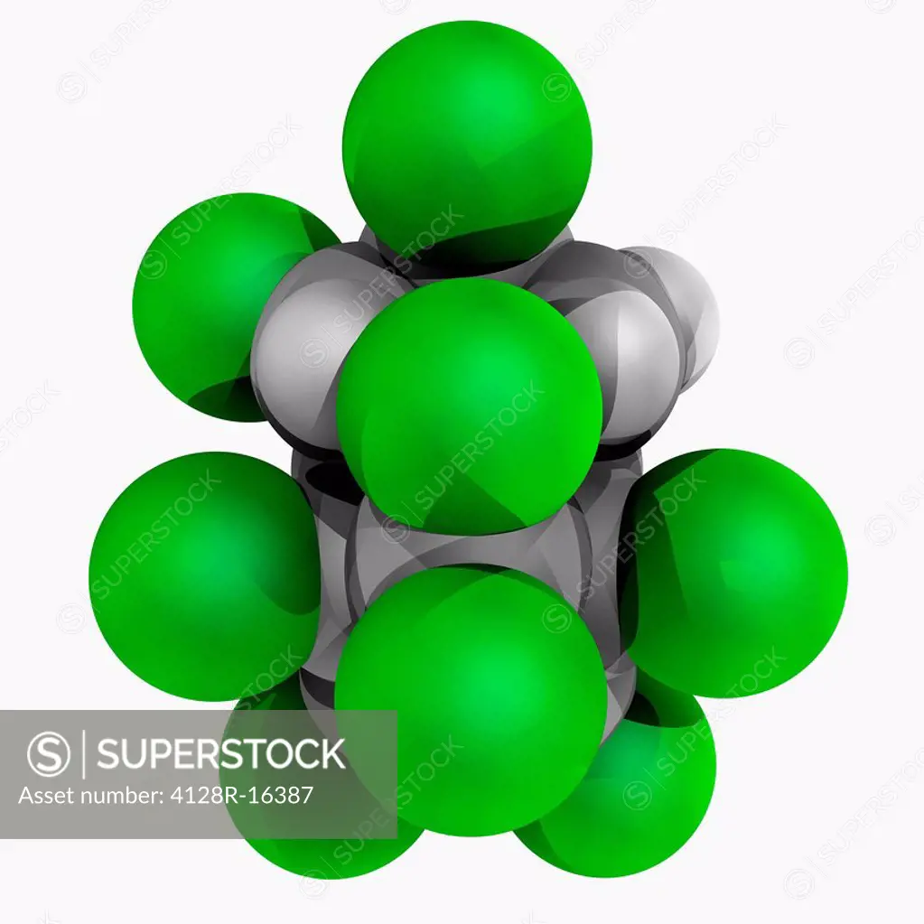 Chlordane, molecular model. Organochlorine compound formerly used as an insecticide. Atoms are represented as spheres and are colour_coded: carbon gre...