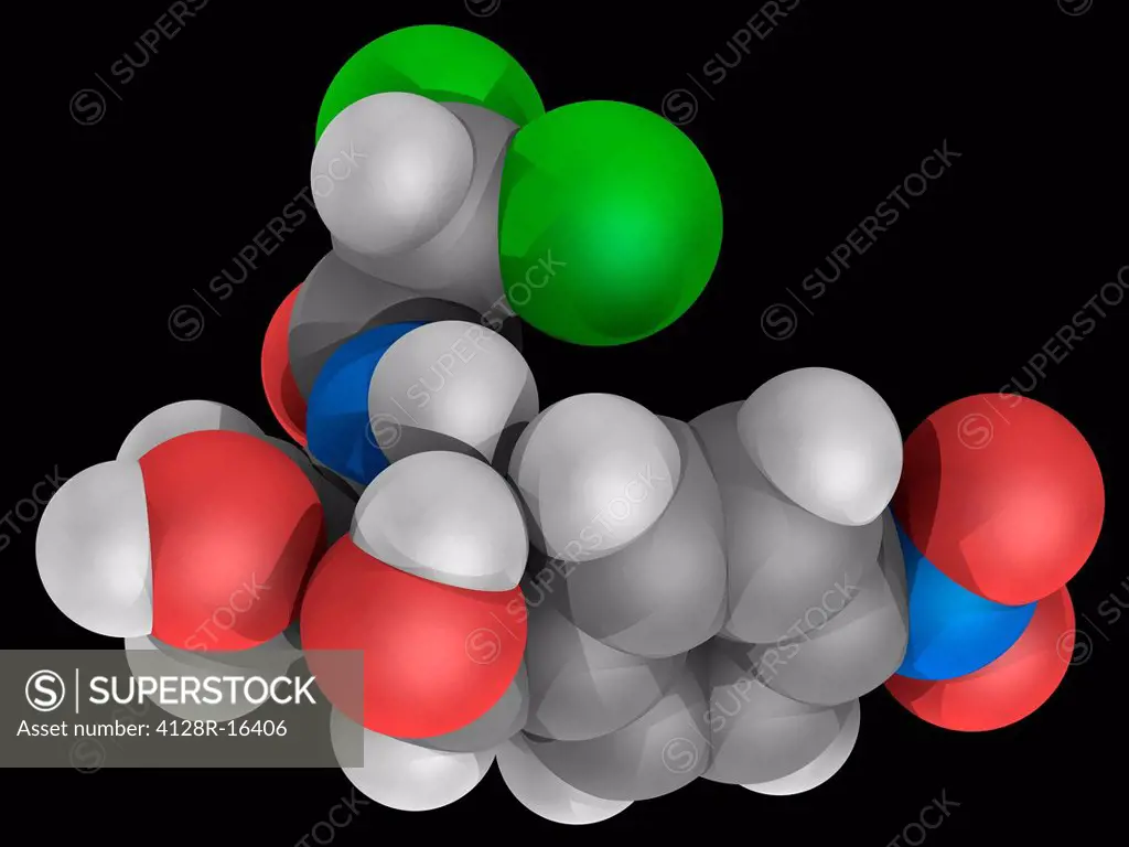 Chloramphenicol, molecular model. Broad_spectrum antibiotic, drug of choice in the third world. Atoms are represented as spheres and are colour_coded:...