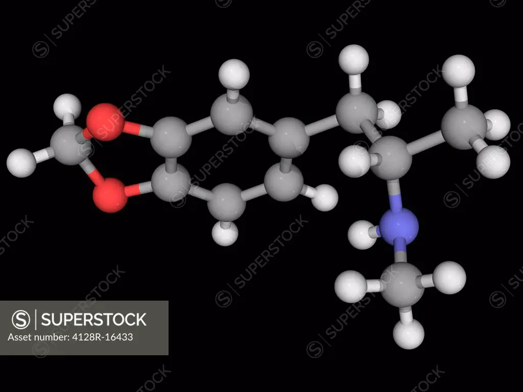 MDMA ecstasy, molecular model. Entactogenic drug of the phenethylamine and amphetamine class of drugs. Atoms are represented as spheres and are colour...