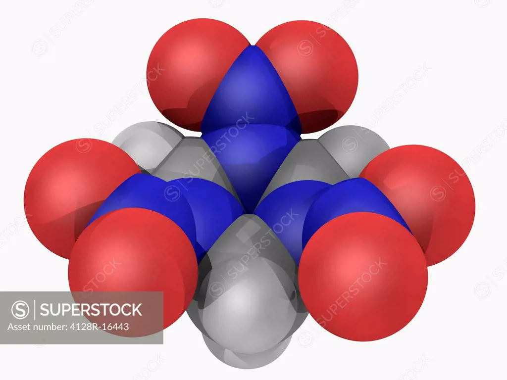 RDX cyclonite, molecular model. Explosive nitroamine for military and industrial applications. Atoms are represented as spheres and are colour_coded: ...