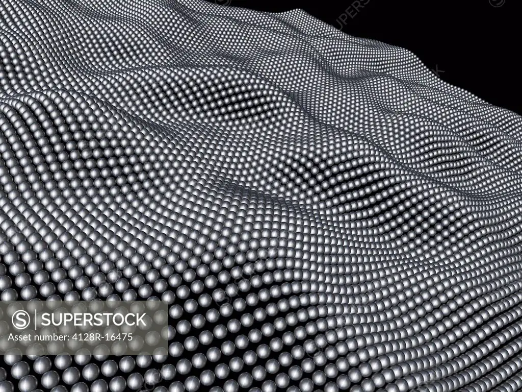 Comuter artwork of nanospheres forming a layer, depicting a graphene sheet. Graphene is very strong and flexible. It transports electrons highly effic...