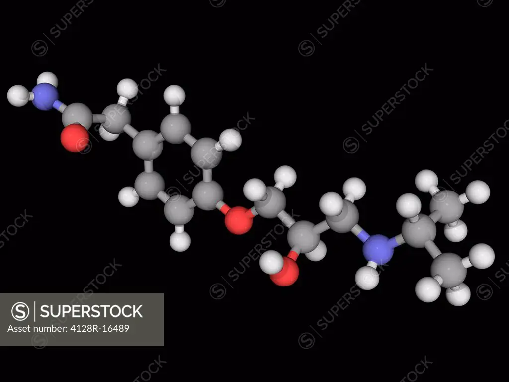 Atenolol, molecular model. Beta blocker used in the treatment of hypertension. Atoms are represented as spheres and are colour_coded: carbon grey, hyd...