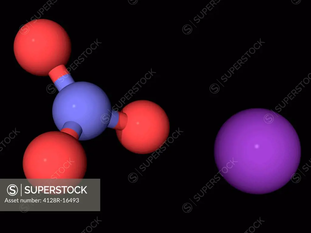 Potassium nitrate, molecular model. Chemical compound used in fertilizers, food additives, rocket propellants and fireworks. One of the constituents o...