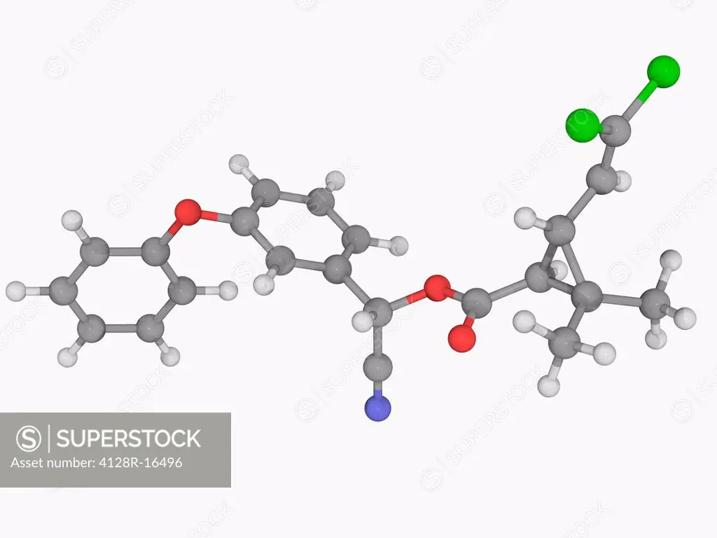 Cypermethrin, molecular model. Synthetic organic compound used as an insecticide. Atoms are represented as spheres and are colour_coded: carbon grey, ...