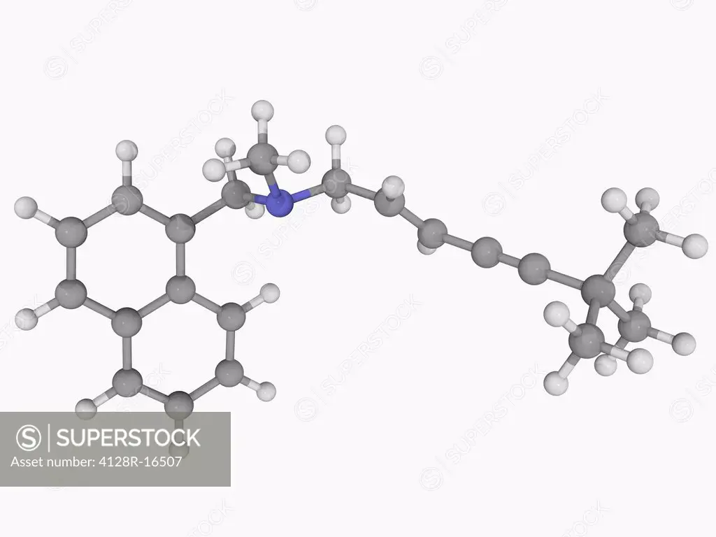 Terbinafine, molecular model. Synthetic allylamine antifungal used to treat the dermatophytes group of fungi. Atoms are represented as spheres and are...