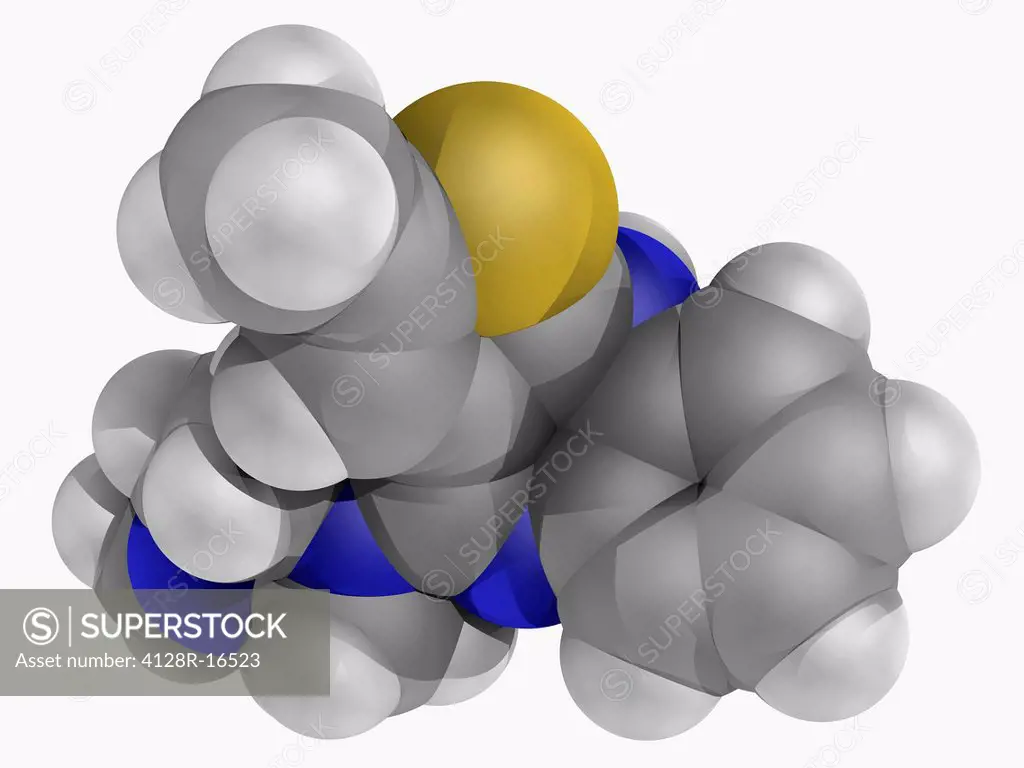 Olanzapine, molecular model. Antipsychotic drug used for the treatment of schizophrenia. Atoms are represented as spheres and are colour_coded: carbon...