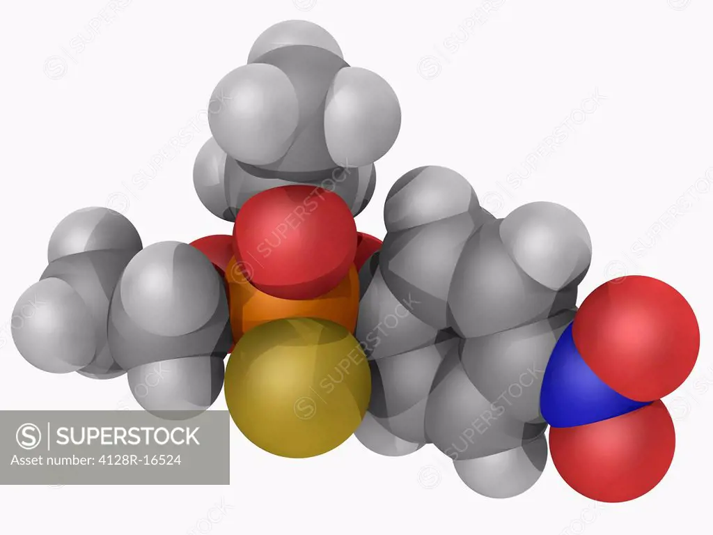 Parathion, molecular model. Organophosphate compound used as insecticide and acaricide, toxic to human beings and animals. Atoms are represented as sp...