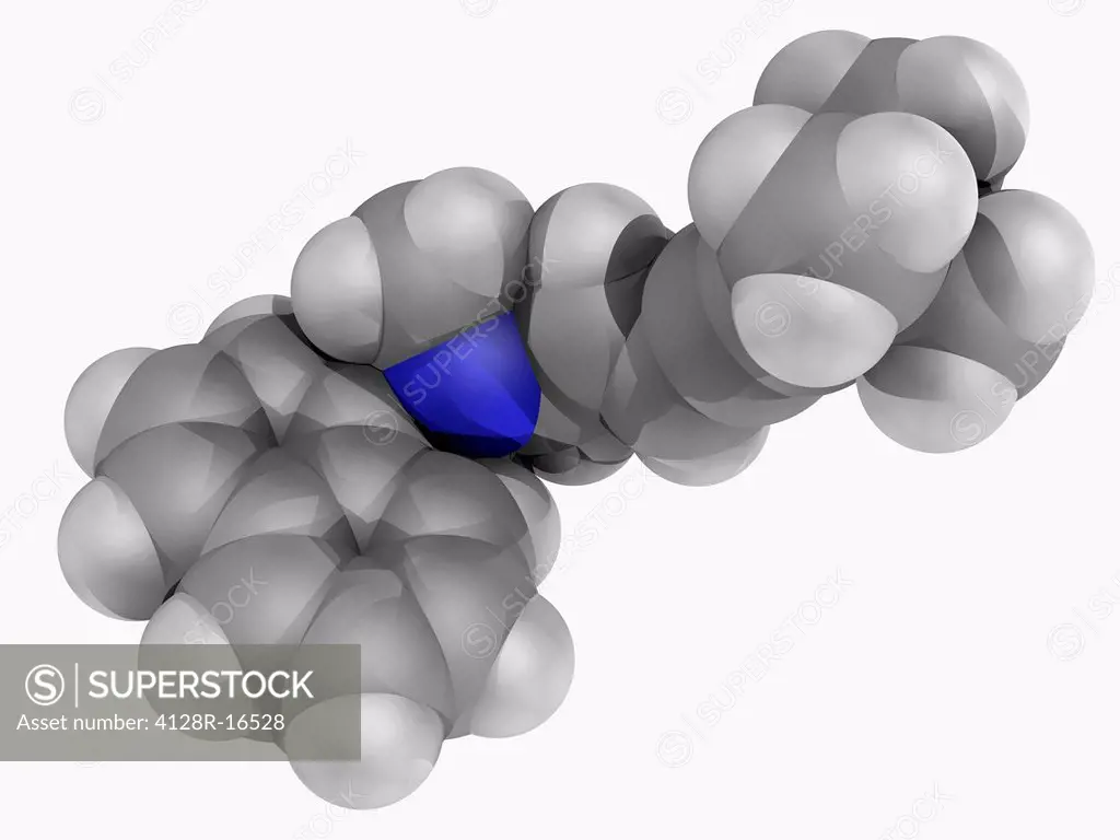 Terbinafine, molecular model. Synthetic allylamine antifungal used to treat the dermatophytes group of fungi. Atoms are represented as spheres and are...