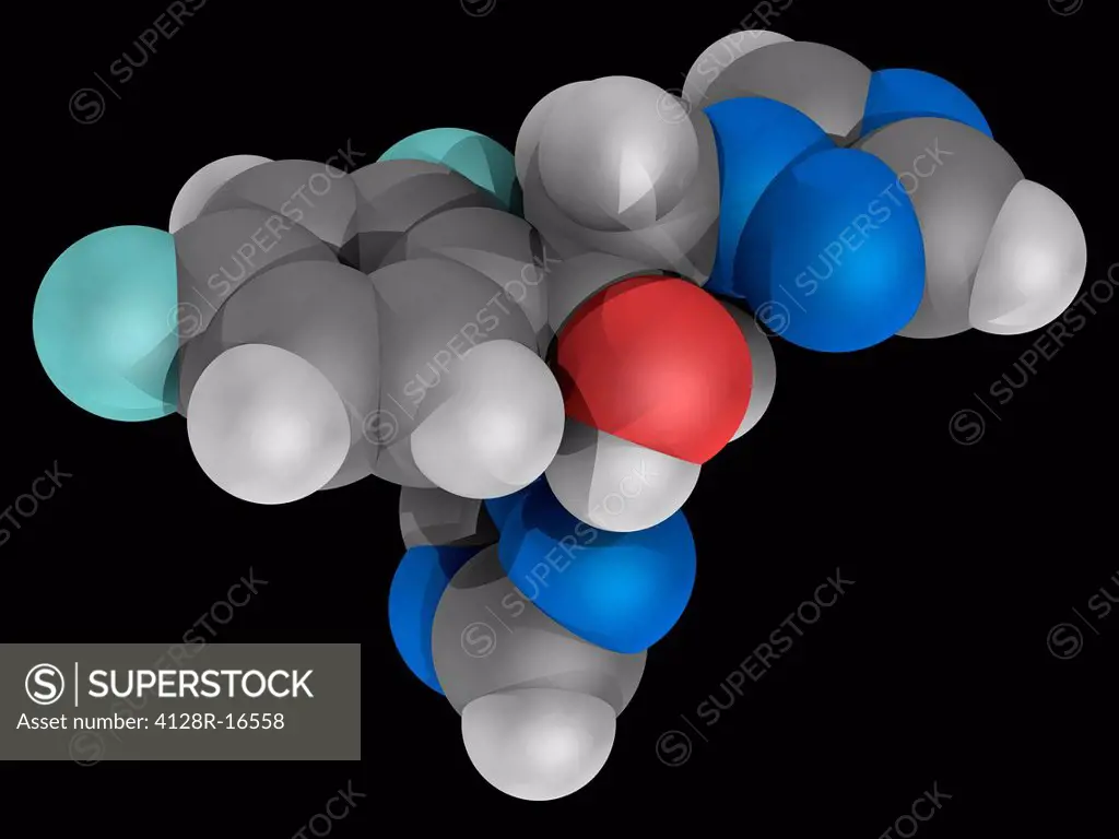 Fluconazole, molecular model. Triazole antifungal drug used in the treatment of fungal infections. Atoms are represented as spheres and are colour_cod...