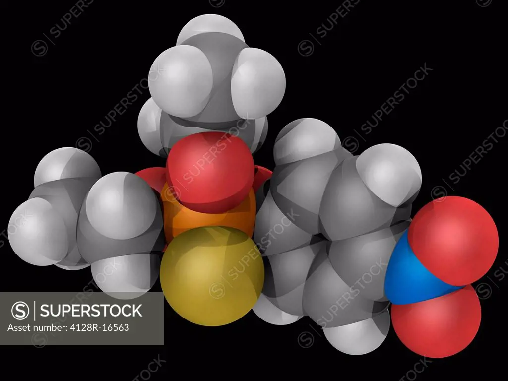 Parathion, molecular model. Organophosphate compound used as insecticide and acaricide, toxic to human beings and animals. Atoms are represented as sp...