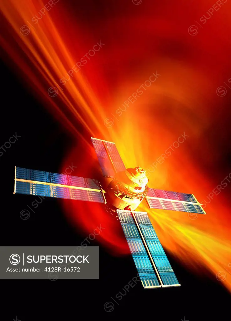 Solar flare hitting satellite, computer artwork.