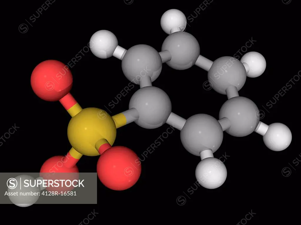 Benzenesulfonic acid, molecular model. Simplest aromatic sulfonic acid. Atoms are represented as spheres and are colour_coded: carbon grey, hydrogen w...