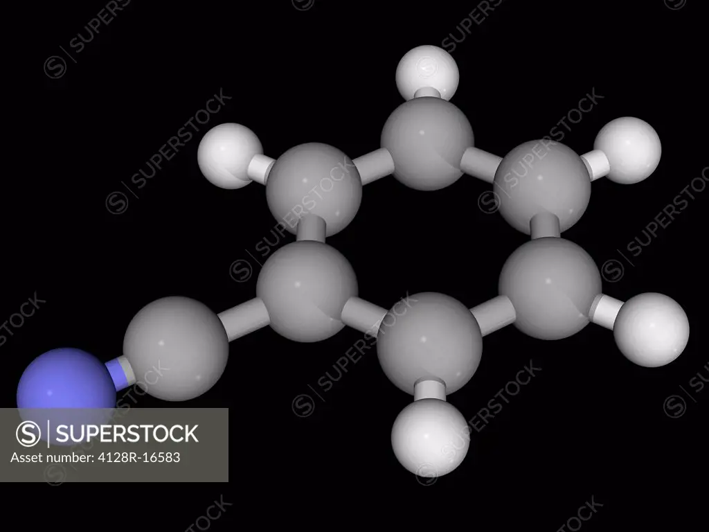 Benzonitrile, molecular model. Aromatic organic compound, precursor to many derivatives. Atoms are represented as spheres and are colour_coded: carbon...
