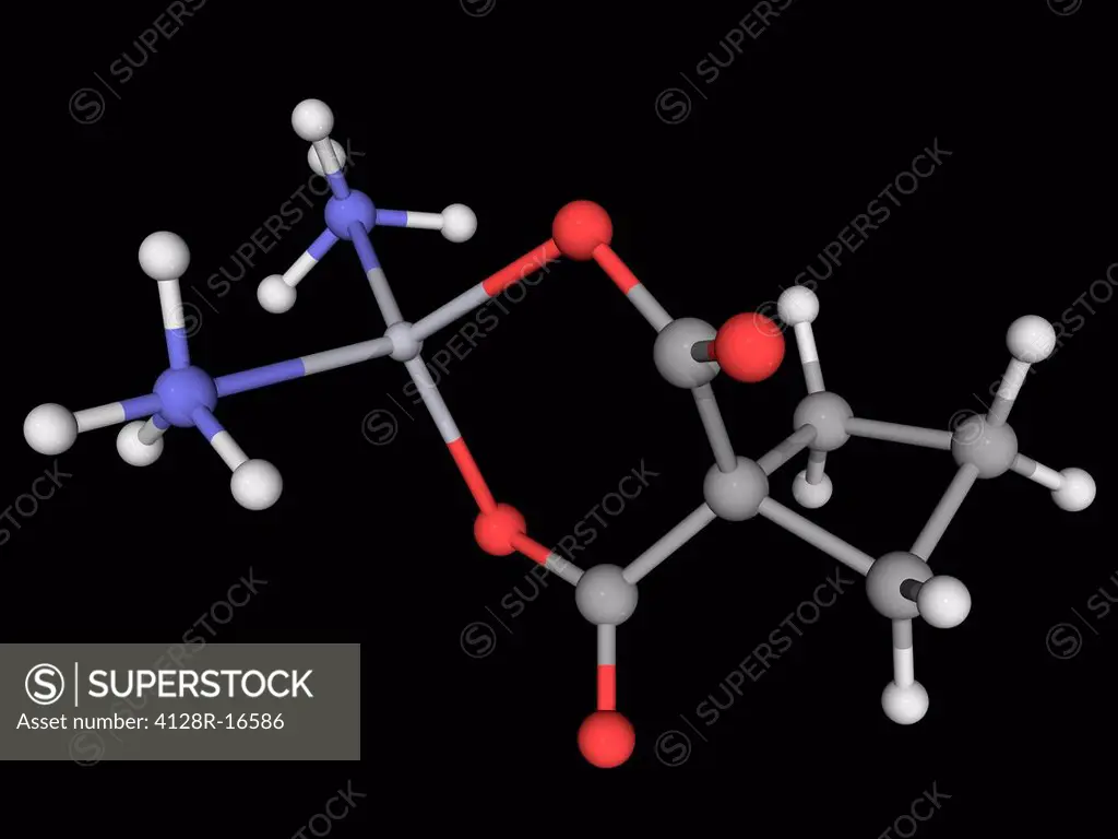 Carboplatin, molecular model. Chemotherapy drug for the treatment of some forms of cancers. Atoms are represented as spheres and are colour_coded: car...