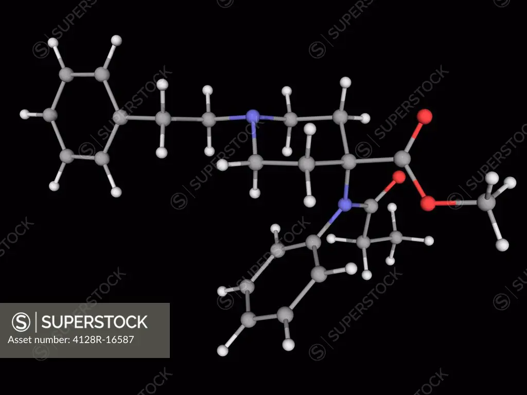 Carfentanil, molecular model. Analogue of the synthetic opioid analgesic fentanyl. Atoms are represented as spheres and are colour_coded: carbon grey,...