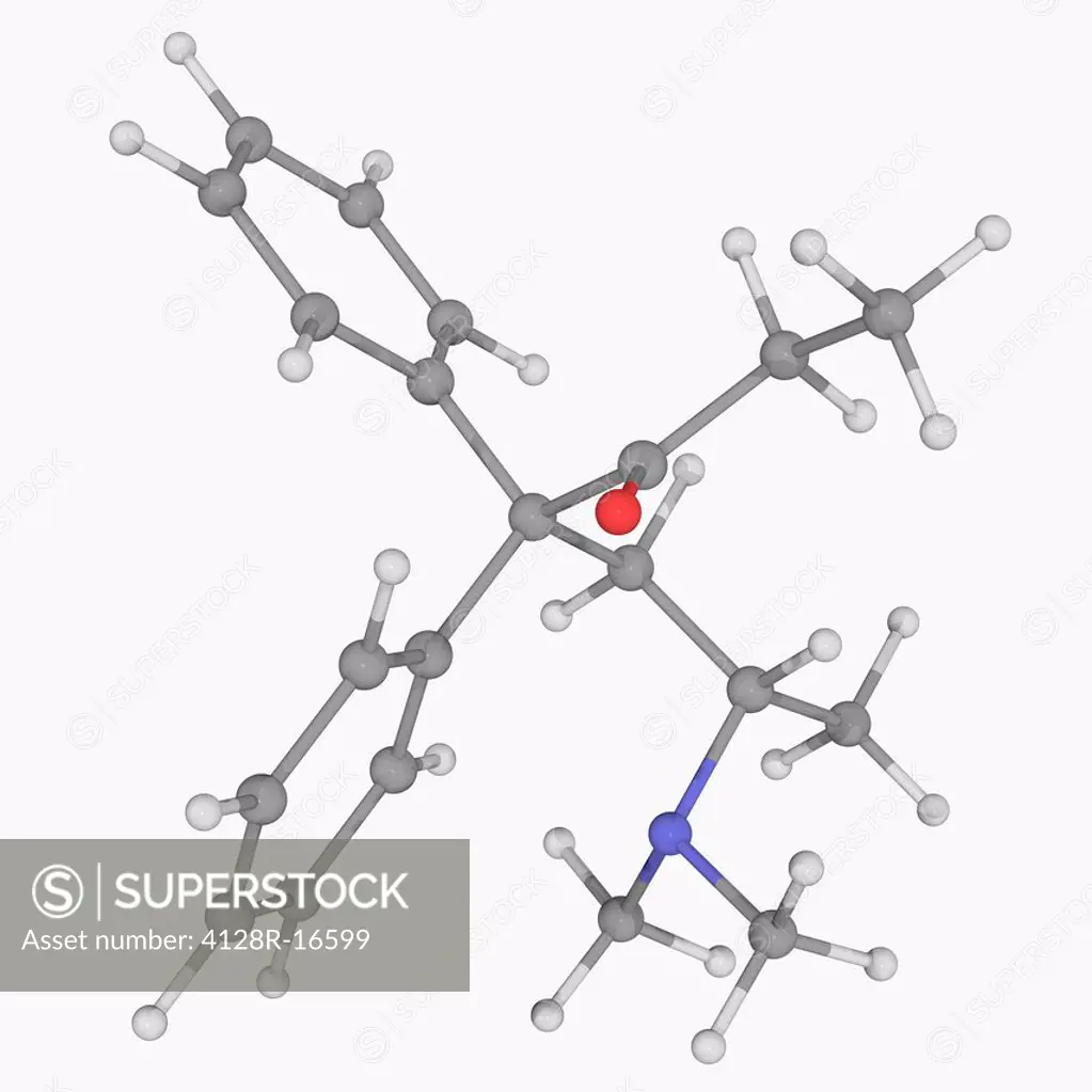Methadone, molecular model. Synthetic opioid used as an analgesic and a maintenance anti_addictive for use in patients with opioid dependency. Atoms a...