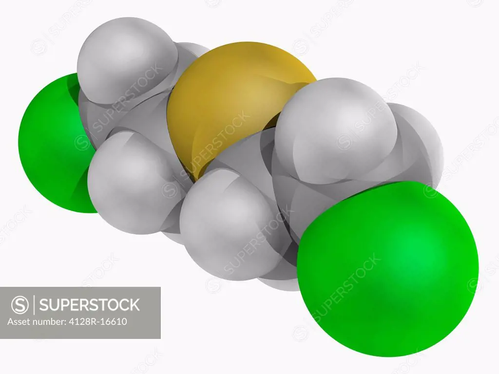 Mustard gas molecular model. Chemical warfare agent forming large blisters on the exposed skin and in the lungs. Atoms are represented as spheres and ...