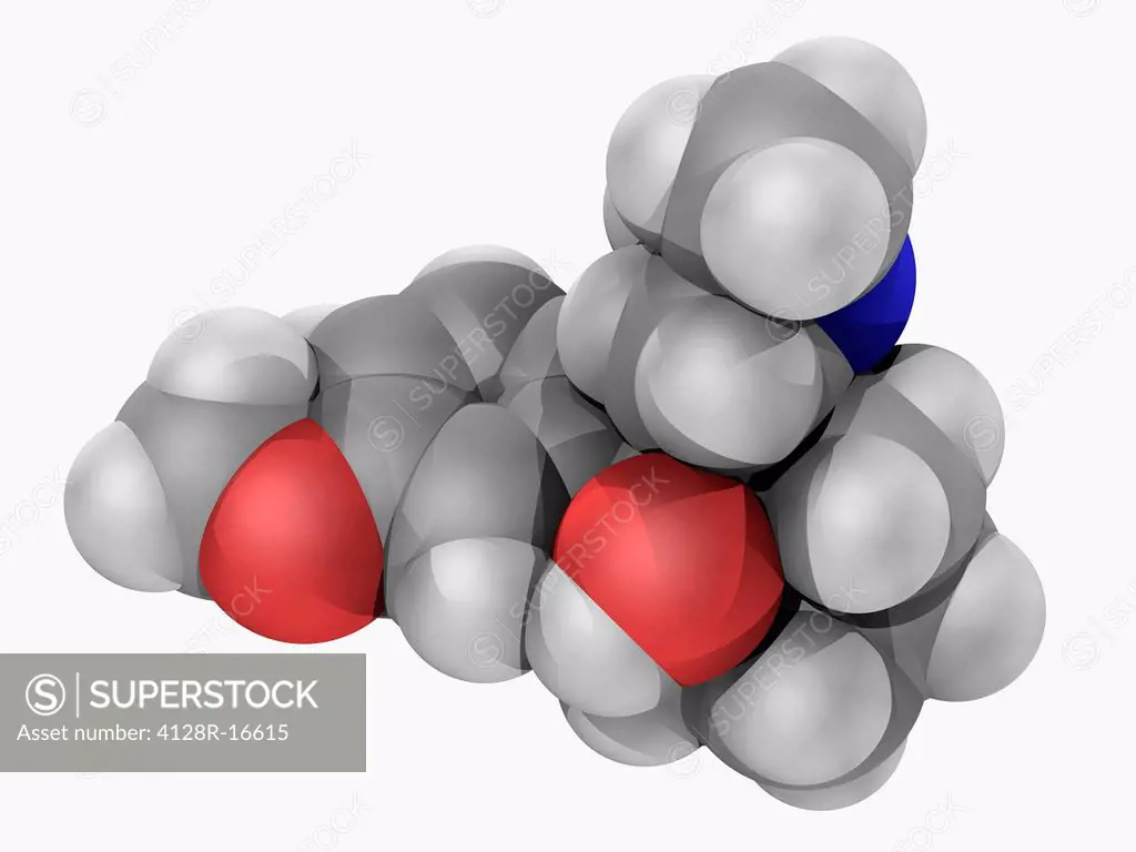 Tramadol, molecular model. Centrally acting synthetic opioid analgesic used in treating severe pain. Atoms are represented as spheres and are colour_c...