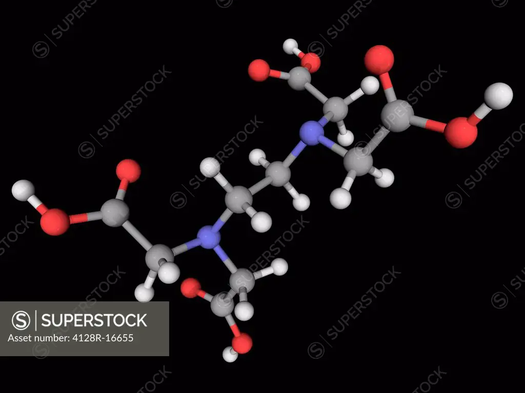 Edetic acid ethylenediaminetetraacetic acid, molecular model. Polyamino carboxylic acid widely used to dissolve limescale. Atoms are represented as sp...