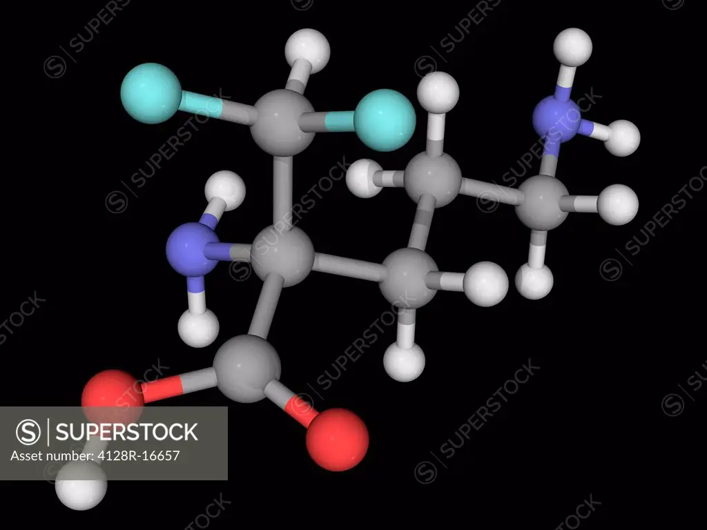 Eflornithine, molecular model. Drug used in the treatment of facial hirsutism excessive hair growth. Atoms are represented as spheres and are colour_c...