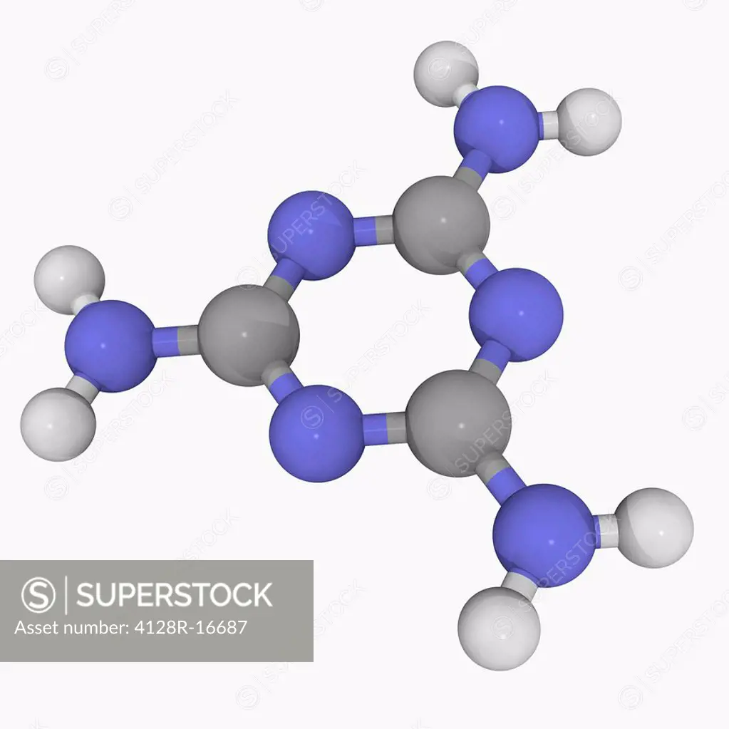 Melamine, molecular model. Organic compound which is combined with formaldehyde to produce melamine resin and melamine foam. Atoms are represented as ...