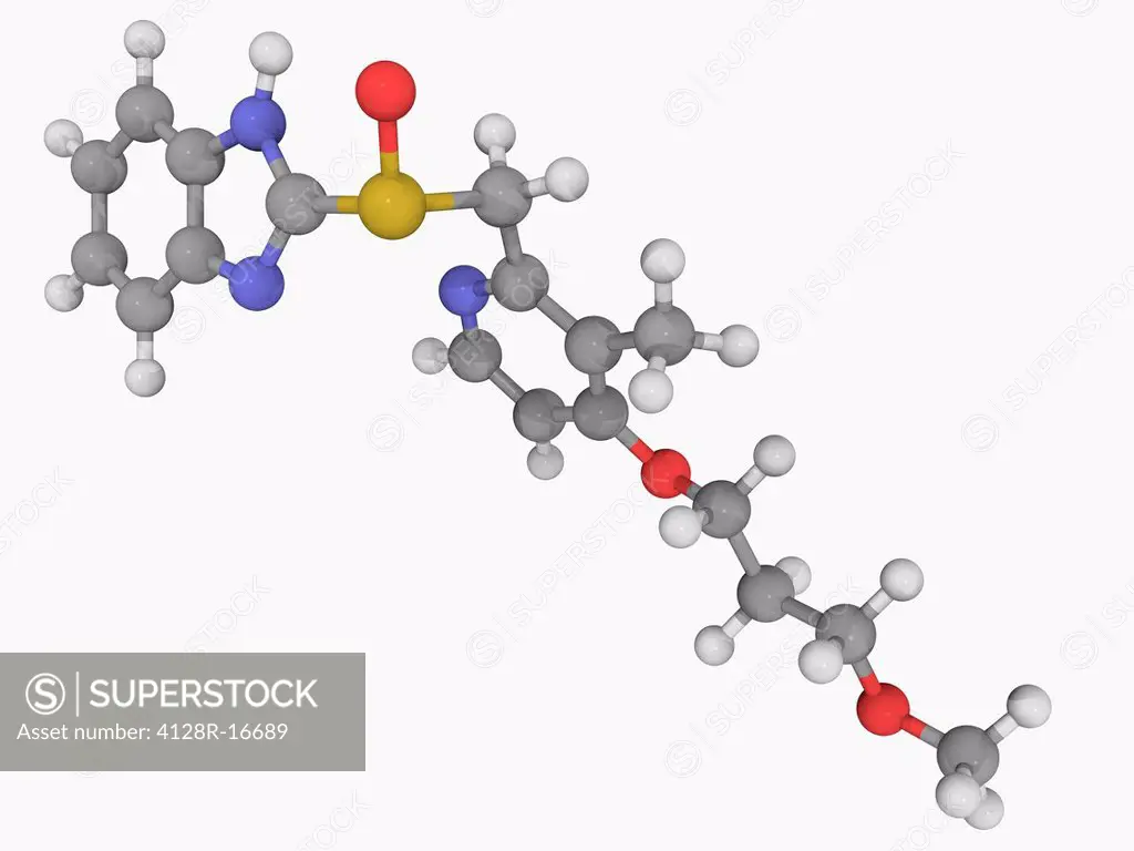 Rabeprazole, molecular model. Proton pump inhibitor used as an antiulcer drug. Atoms are represented as spheres and are colour_coded: carbon grey, hyd...