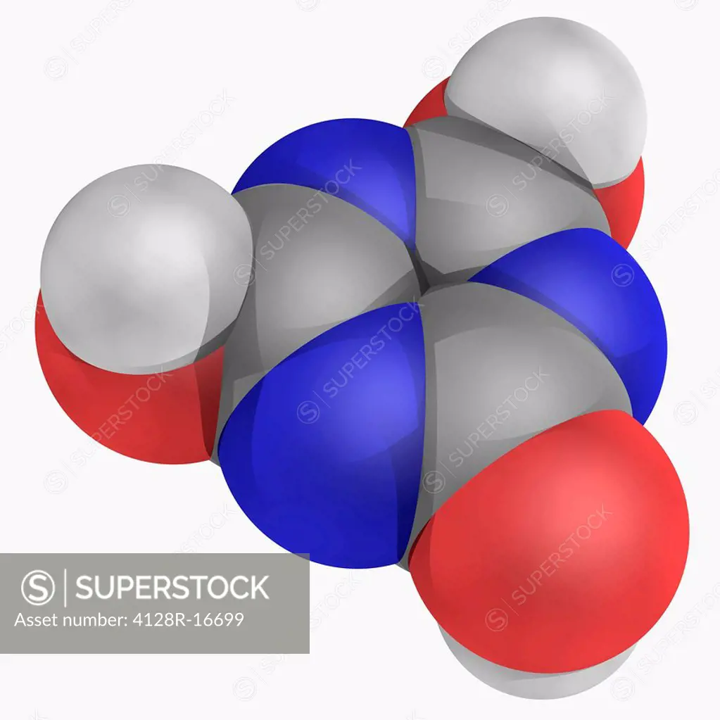 Cyanuric acid, molecular model. This organic compound is a precursor or component of bleaches, disinfectants and herbicides. Atoms are represented as ...