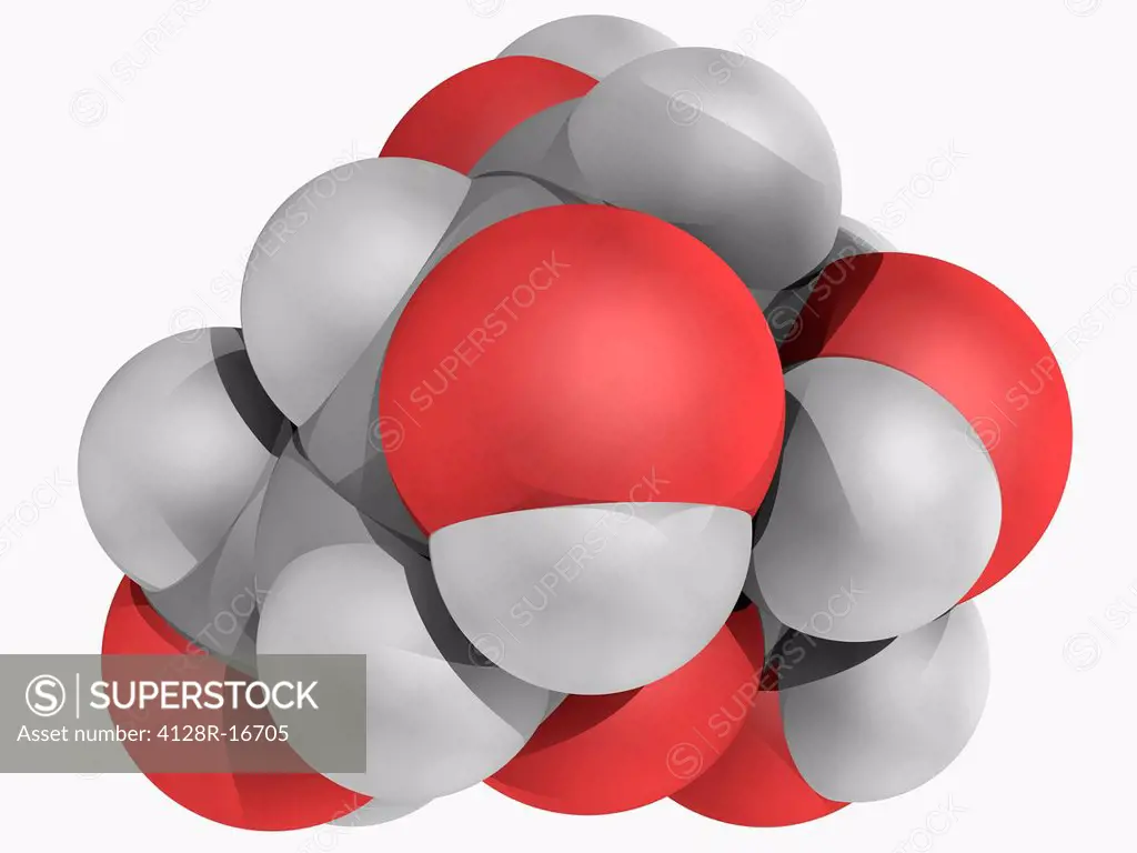 L_glucose, molecular model. Organic compound and an enantiomer of the more common D_glucose, from which it is indistinguishable in taste. Atoms are re...