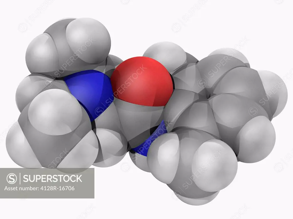 Lidocaine, molecular model. Common local anaesthetic and antiarrhythmic drug. Atoms are represented as spheres and are colour_coded: carbon grey, hydr...