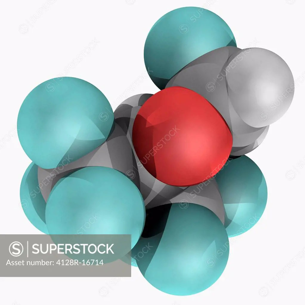 Sevoflurane, molecular model. Organic compound used for induction and maintenance of general anaesthesia. Atoms are represented as spheres and are col...