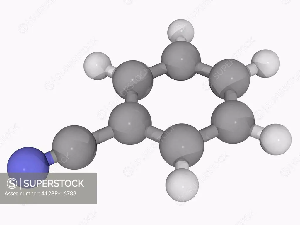Benzonitrile, molecular model. Aromatic organic compound, precursor to many derivatives. Atoms are represented as spheres and are colour_coded: carbon...