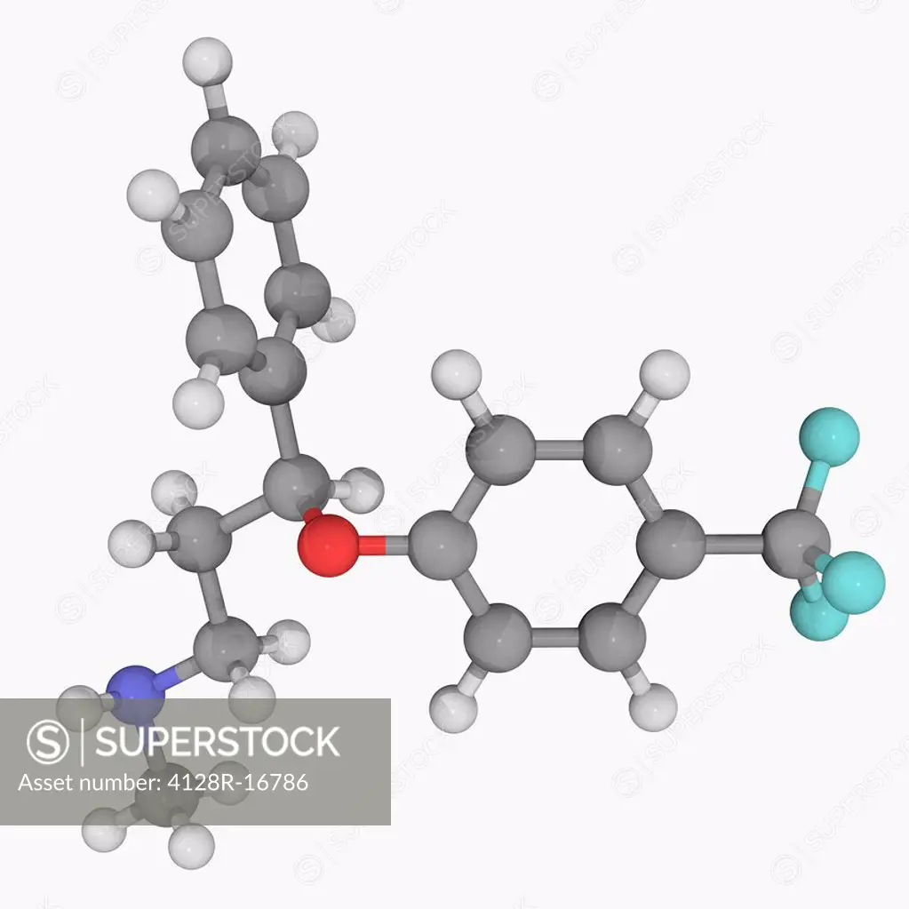 Fluoxetine, molecular model. Antidepressant of the selective serotonin reuptake inhibitor class. Atoms are represented as spheres and are colour_coded...