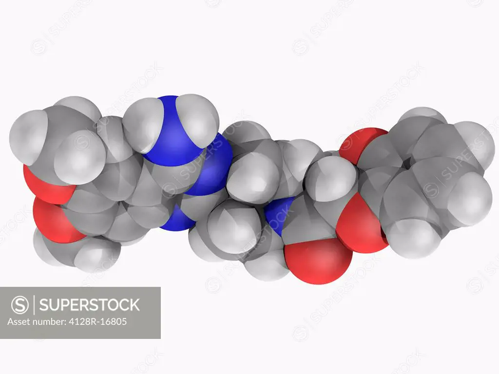 Doxazosin, molecular model. Alpha1a_selective alpha blocker used in the treatment of high blood pressure. Atoms are represented as spheres and are col...