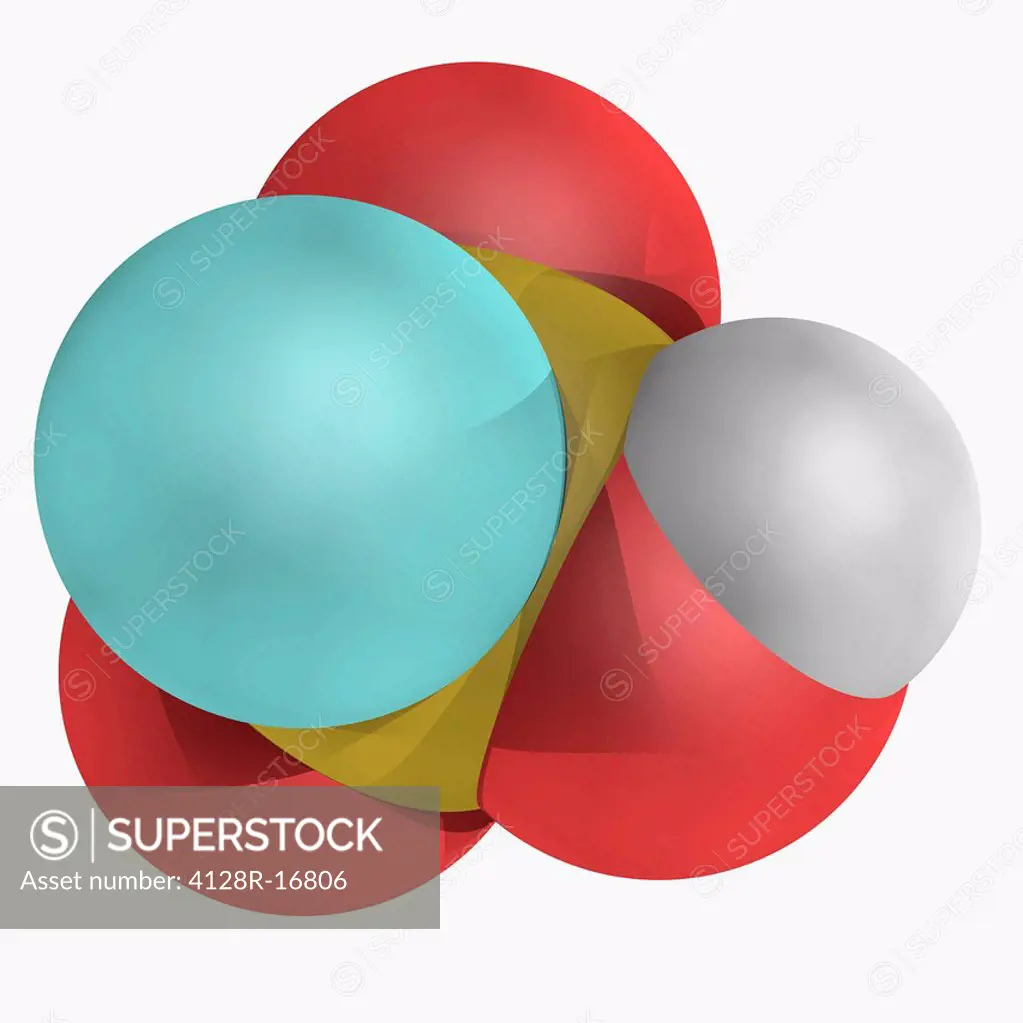Fluorosulfuric acid, molecular model. Chemical compound, superacid. Atoms are represented as spheres and are colour_coded: sulfur yellow, hydrogen whi...