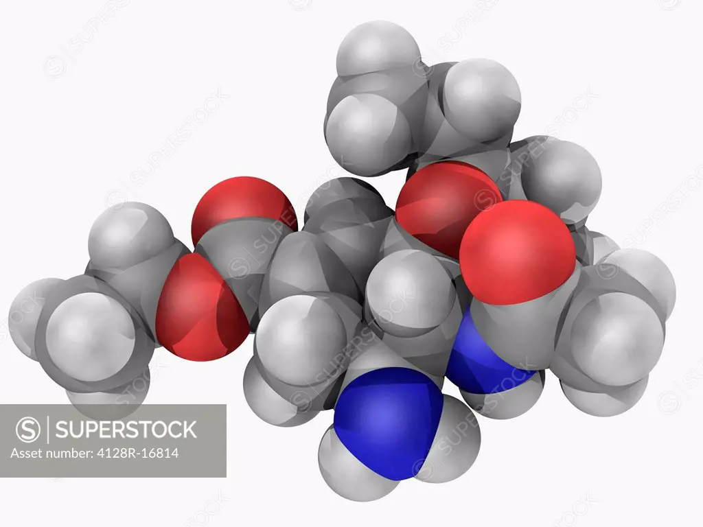 Oseltamivir, molecular model. Antiviral drug used to treat and prevent influenza A virus. Atoms are represented as spheres and are colour_coded: carbo...